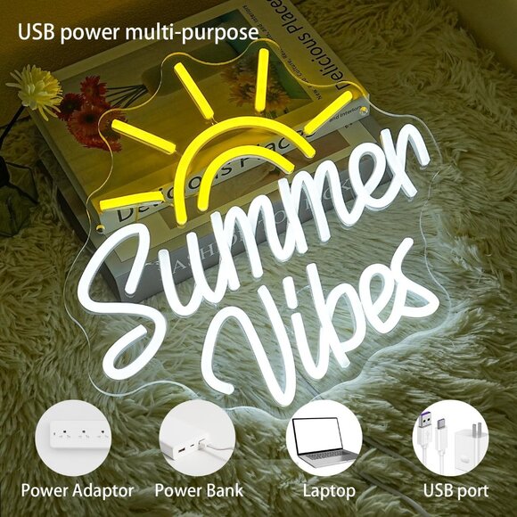 New Summer Vibes Neon Sign, Dimmable USB LED Light for Beach Bar & Wall Decor - Picture 3 of 7